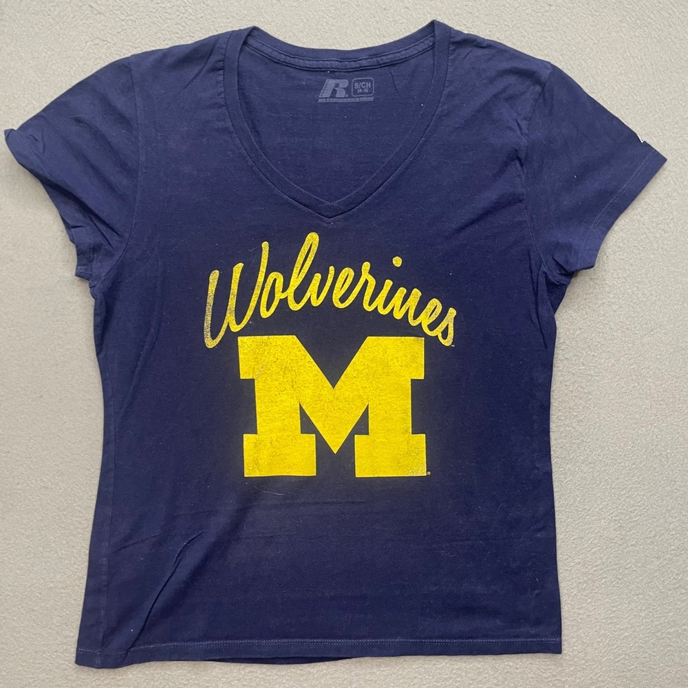 Russell Women T-Shirt 100% Cotton Small Navy Michigan Wolverines Collegiate Tee